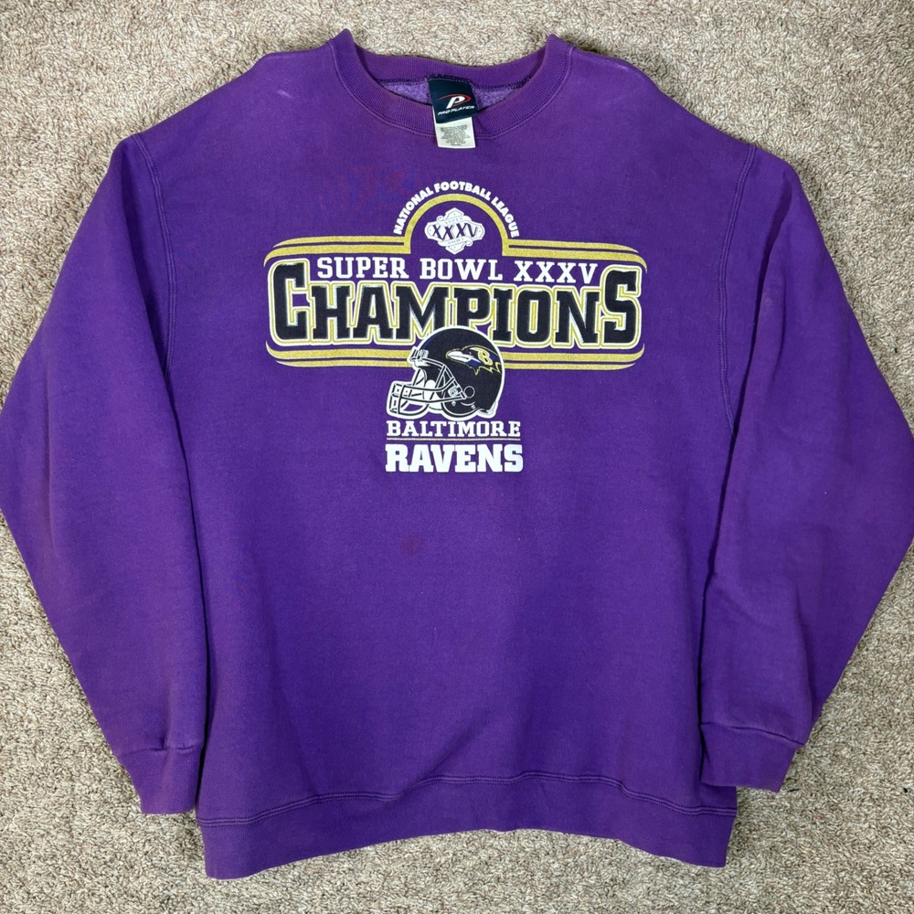 Vintage Pro Player Baltimore Ravens Super Bowl 2001 Champions Sweatshirt Mens XL